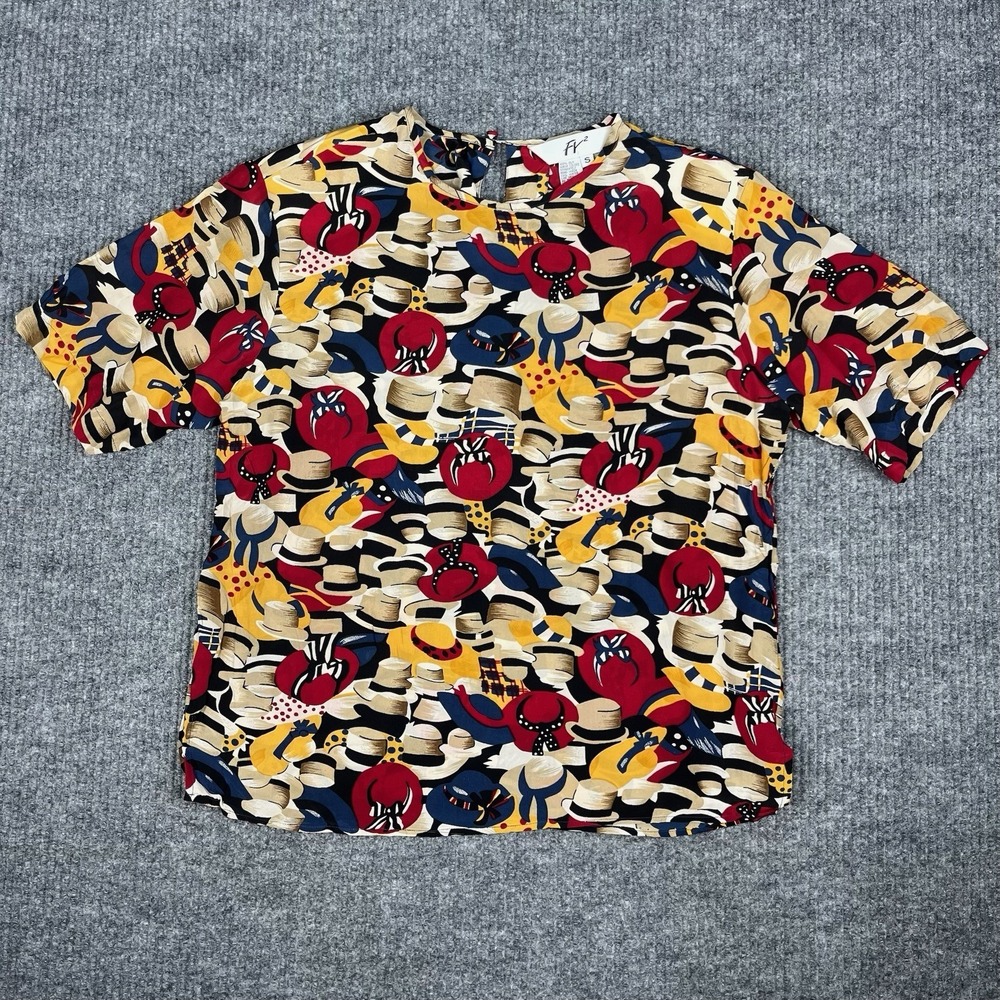 Vtg 90s FY2 Silk Blouse Womens S Multicolor Hats Novelty Print Statement
